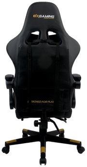 Rückansicht eines schwarzen Gaming-Stuhls mit gelben Akzenten und der Aufschrift 'BX Gaming - Designed for Players'.