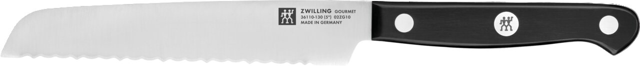 Seitliche Ansicht eines Brotmessers aus der Serie Gourmet mit Wellenschliff und schwarzem Griff.