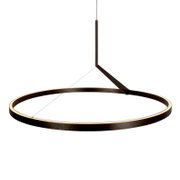 Moderne LED-Ring-Pendelleuchte in Schwarz mit warmweiß leuchtendem Lichtband, an Seilabhängung und schrägem Träger befestigt, freigestellt in leichter Seitenansicht