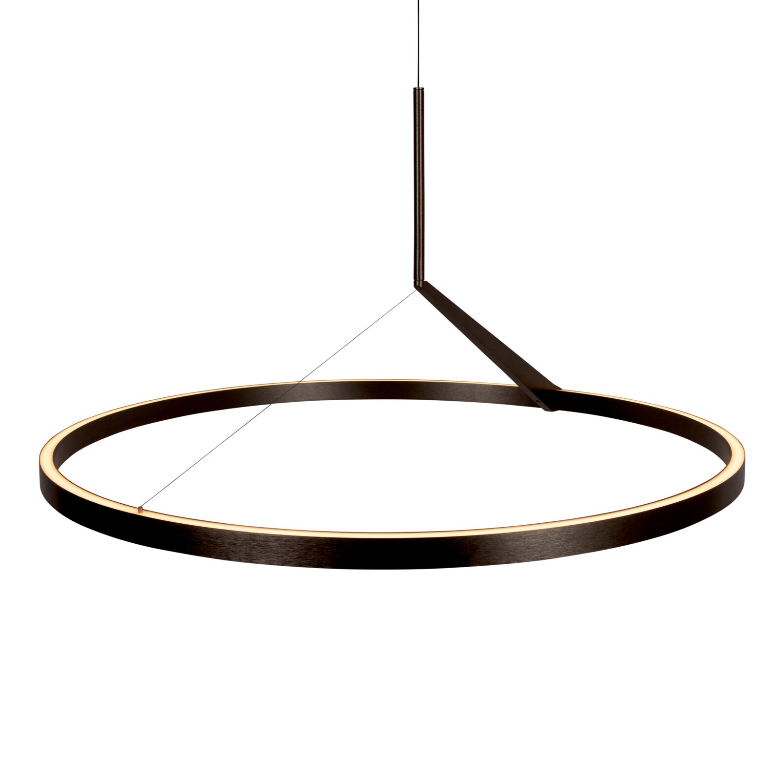Moderne LED-Ring-Pendelleuchte in Schwarz mit warmweiß leuchtendem Lichtband, an Seilabhängung und schrägem Träger befestigt, freigestellt in leichter Seitenansicht