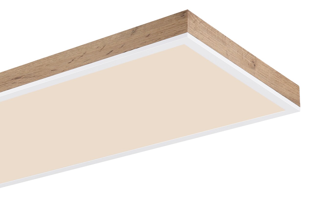 Moderne Deckenleuchte mit Holzrahmen, seitliche Perspektive