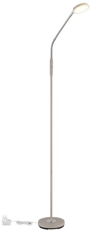 Beige LED-Stehlampe mit rundem Standfuß, flexiblem Schwanenhals und ovalem Leuchtenkopf, inkl. Netzteil und Kabel, freigestellt auf weißem Hintergrund, Frontalansicht
