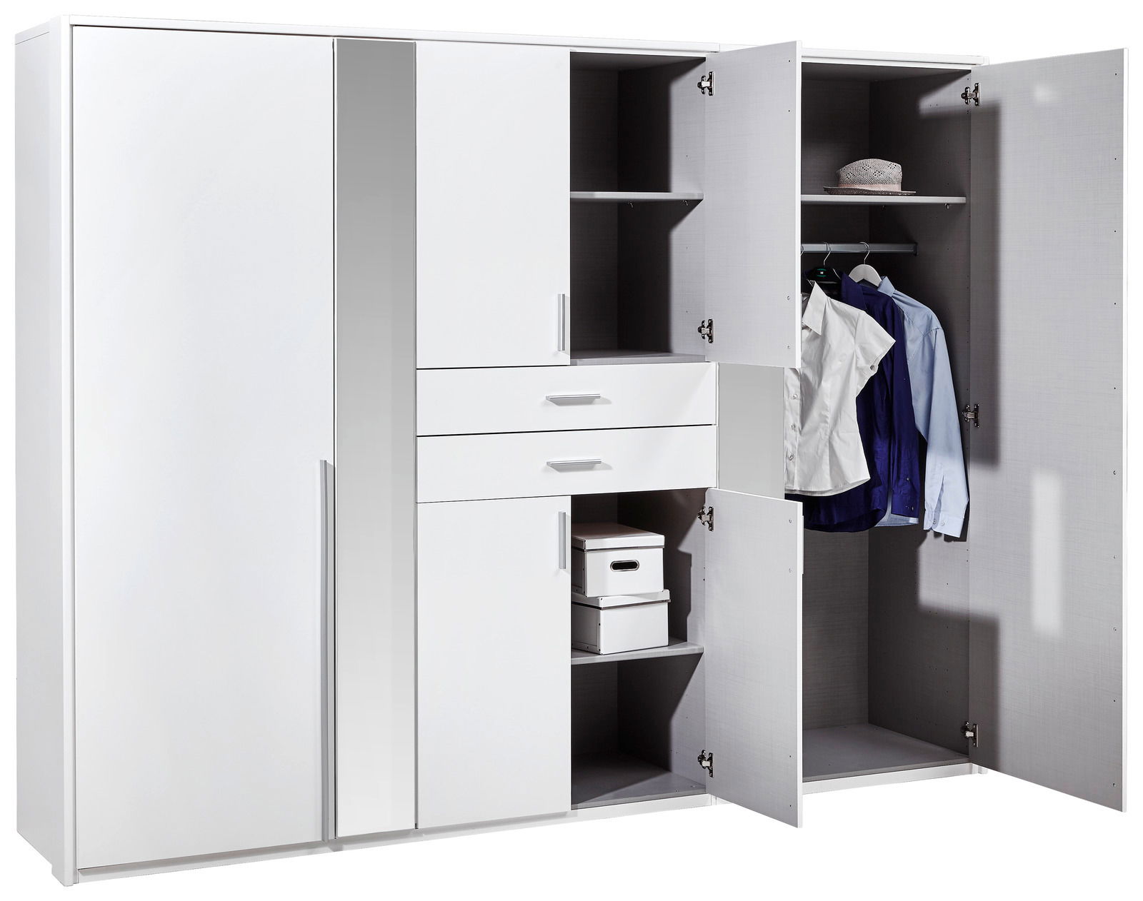 Drehtürenschrank mit sechs Türen, teilweise geöffnet, zeigt Innenfächer mit Kleidung und Accessoires, Perspektive von vorne