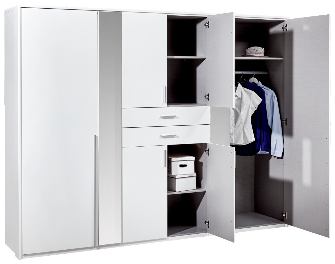 Drehtürenschrank mit sechs Türen, teilweise geöffnet, zeigt Innenfächer mit Kleidung und Accessoires, Perspektive von vorne