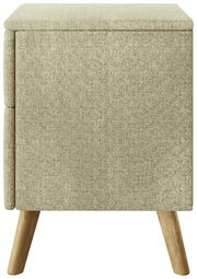 Beige Nachtkonsole mit Stoffbezug und Holzbeinen, Seitenansicht