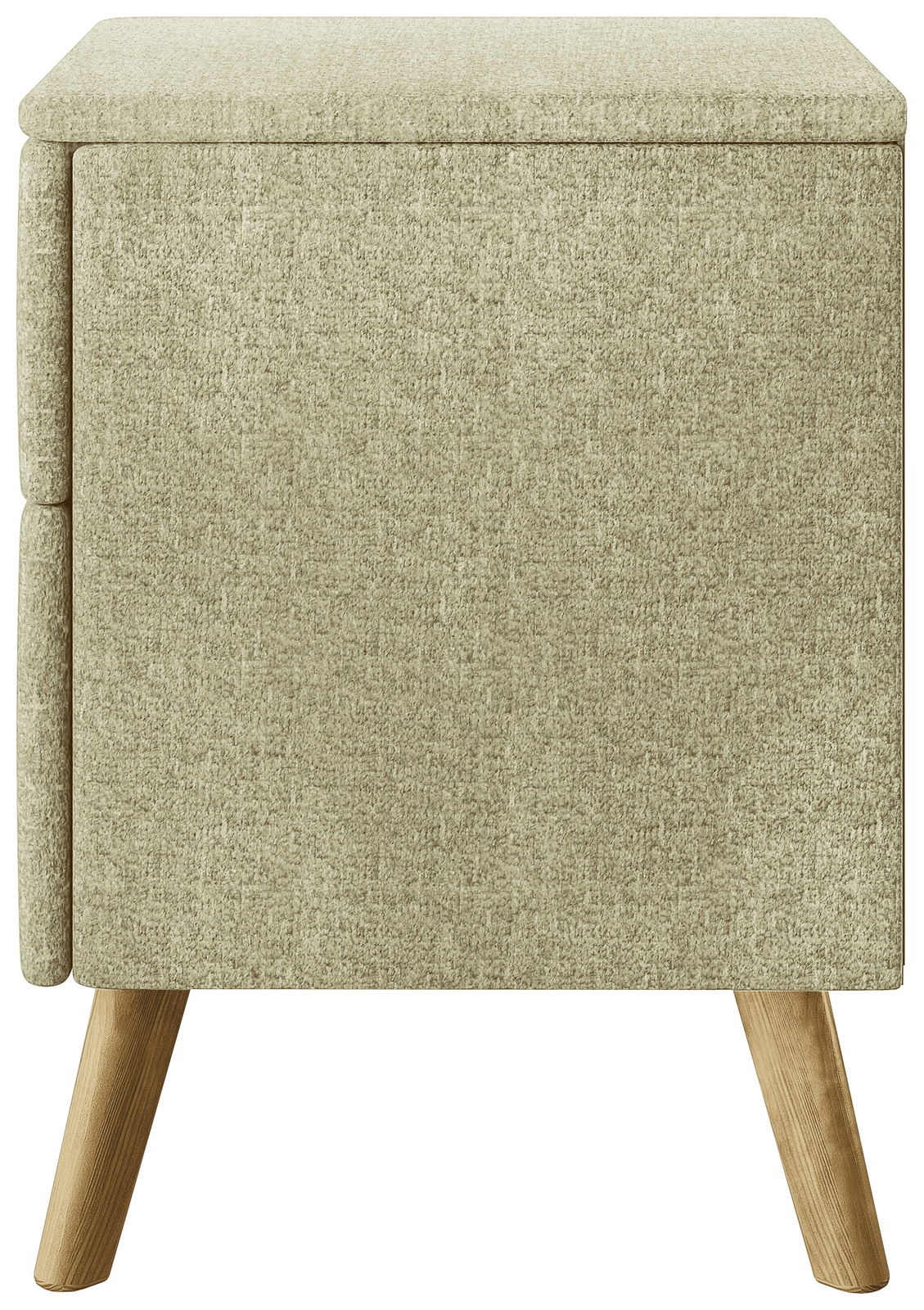 Beige Nachtkonsole mit Stoffbezug und Holzbeinen, Seitenansicht