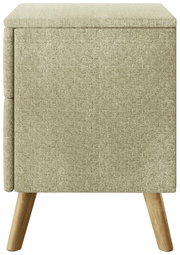 Beige Nachtkonsole mit Stoffbezug und Holzbeinen, Seitenansicht