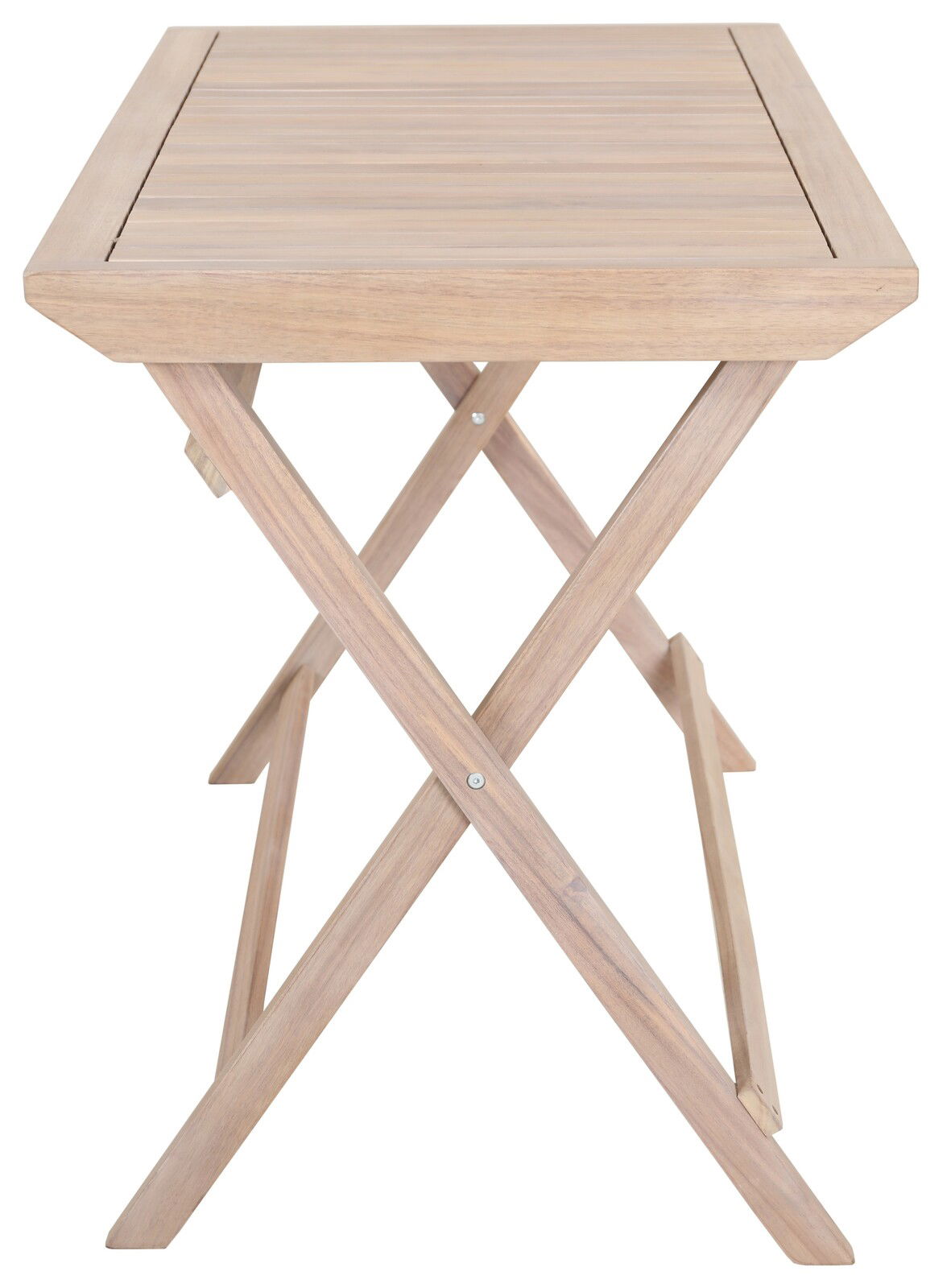 Holz-Klapptisch in Seitenansicht mit gekreuzten Beinen