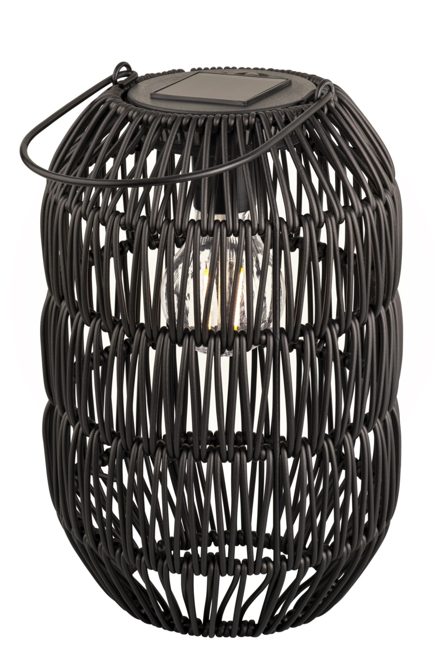 Schwarze Solar Laterne aus Eisen mit geflochtenem Design, seitliche Perspektive