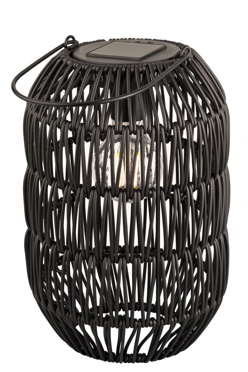 Schwarze Solar Laterne aus Eisen mit geflochtenem Design, seitliche Perspektive