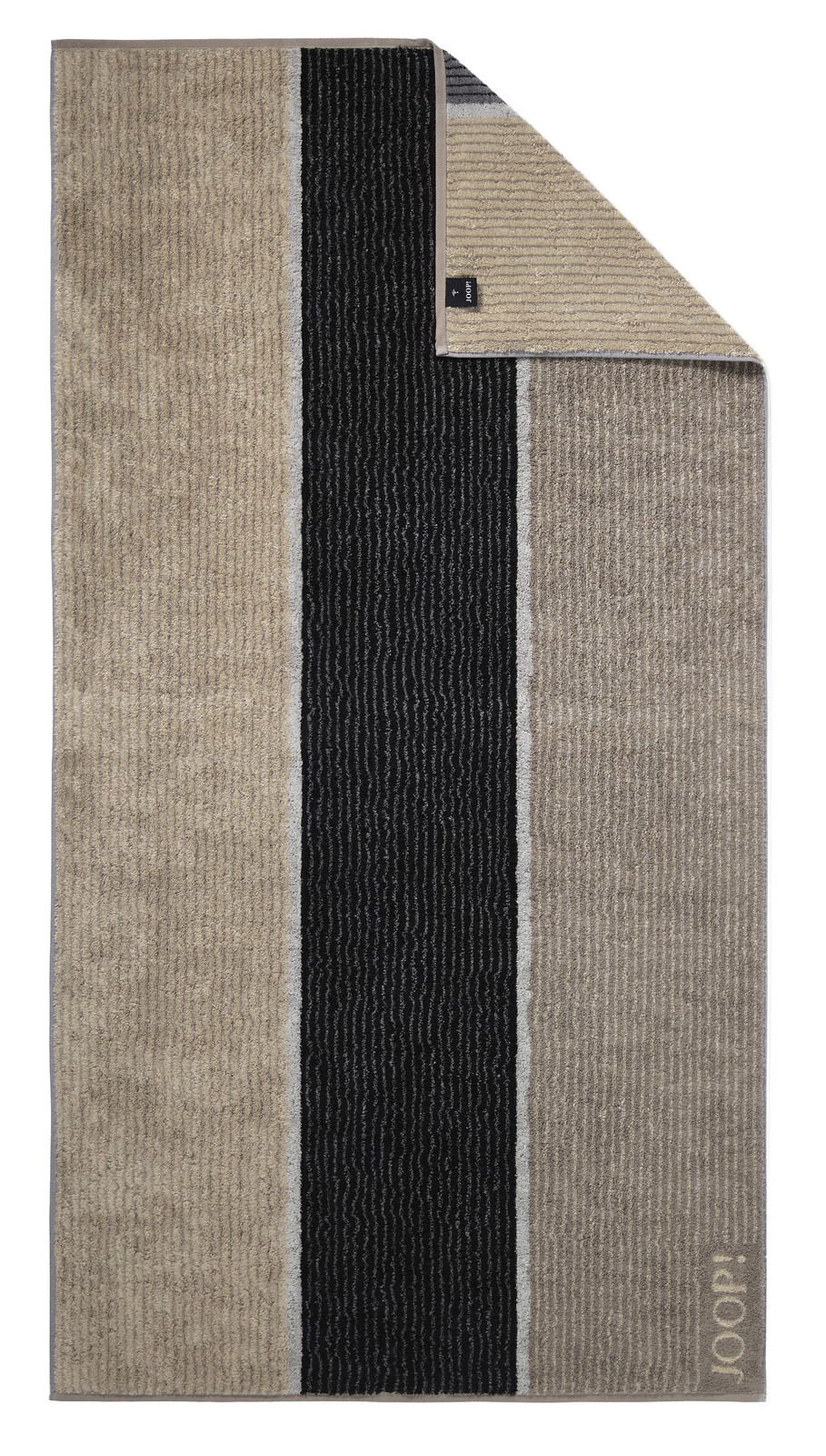 Duschtuch mit breiten Streifen in Beige und Schwarz, von oben fotografiert