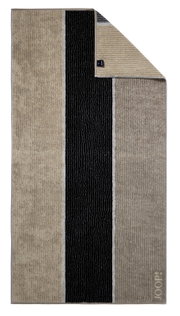 Duschtuch mit breiten Streifen in Beige und Schwarz, von oben fotografiert