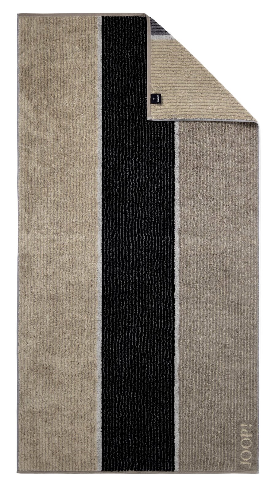 Duschtuch mit breiten Streifen in Beige und Schwarz, von oben fotografiert