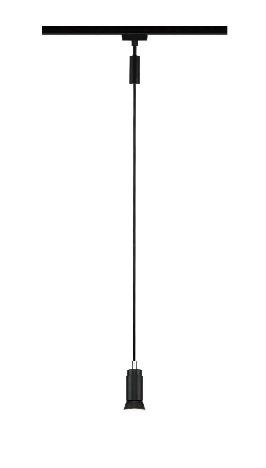 Schwarzes Schienenpendel Runa, hängend von einer Decke, seitliche Perspektive