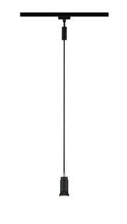 Schwarzes Schienenpendel Runa, hängend von einer Decke, seitliche Perspektive