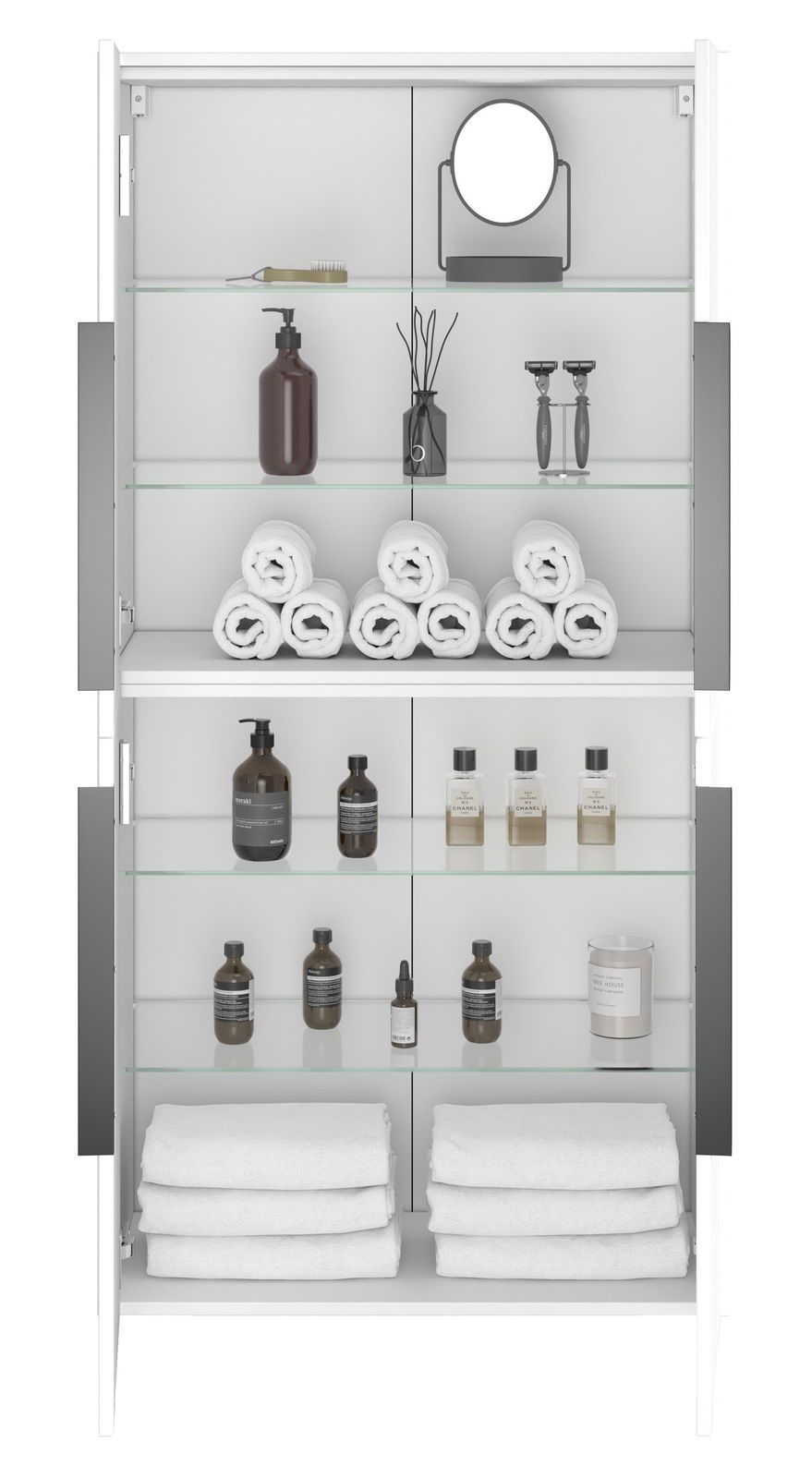 Frontale Ansicht eines Midischranks mit offenen Türen, gefüllt mit Handtüchern, Pflegeprodukten und einem Spiegel.