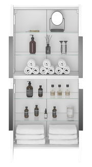 Frontale Ansicht eines Midischranks mit offenen Türen, gefüllt mit Handtüchern, Pflegeprodukten und einem Spiegel.
