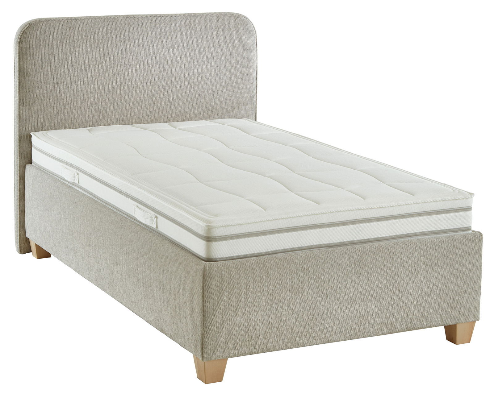 Beige Polsterbett mit hohem Kopfteil und weißer Matratze, seitliche Perspektive