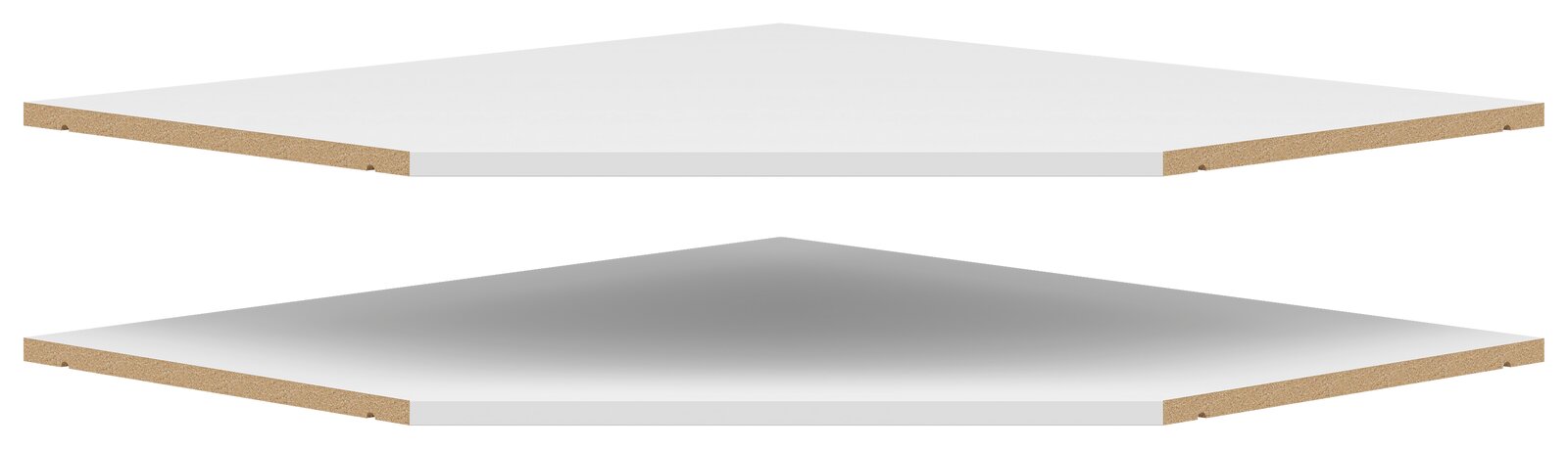 Zwei weiße Eckböden aus Holz, übereinander schwebend, in einer perspektivischen Ansicht von der Seite.