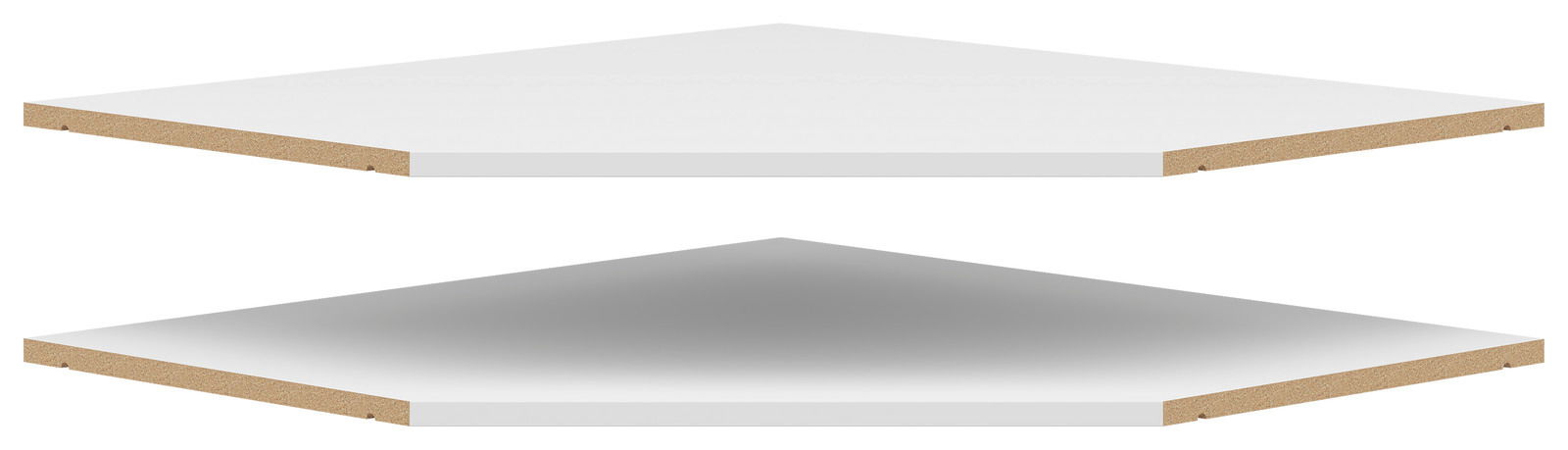 Zwei weiße Eckböden aus Holz, übereinander schwebend, in einer perspektivischen Ansicht von der Seite.