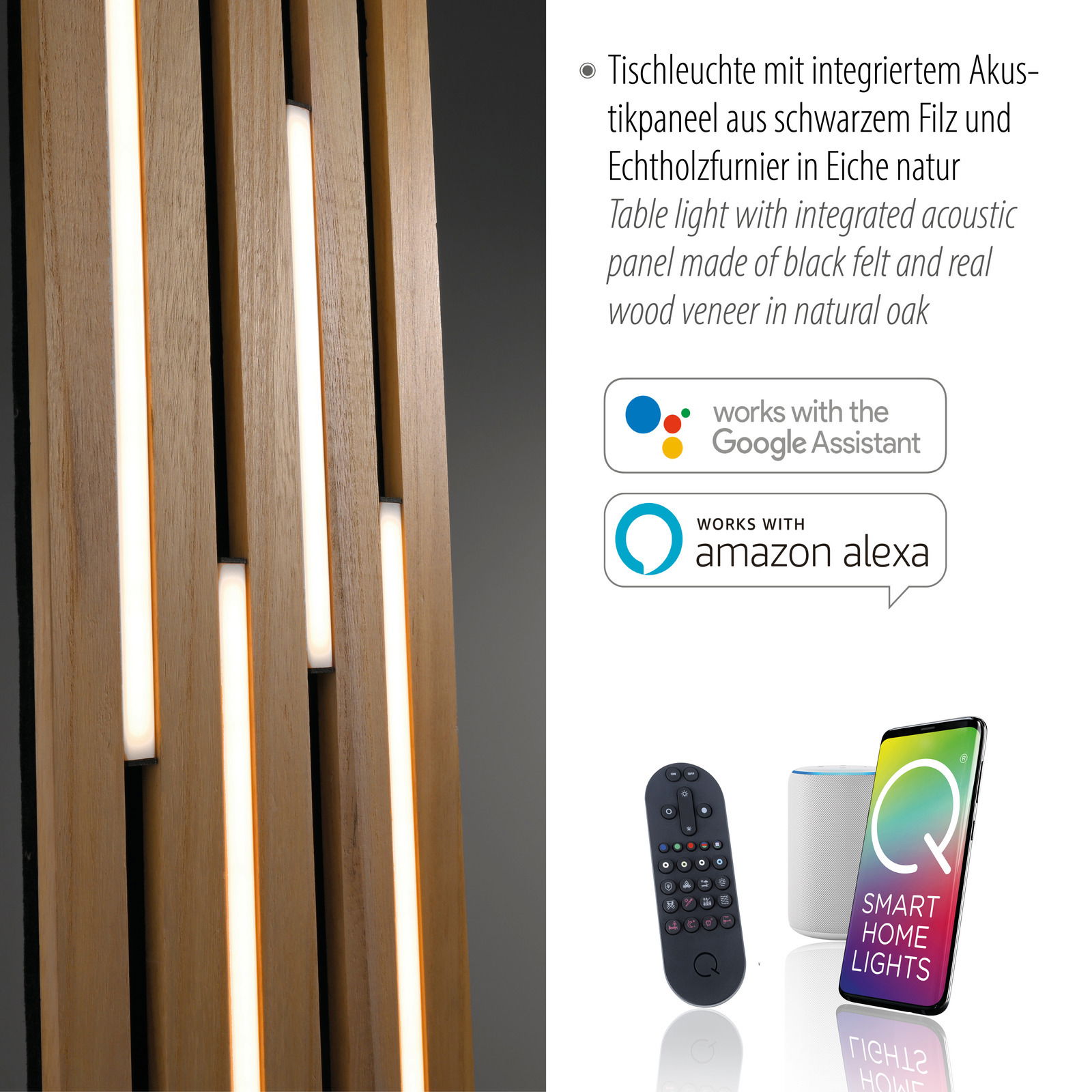 LED-Tischleuchte mit integriertem Akustikpanel aus schwarzem Filz und Echtholzfurnier in Eiche natur, seitliche Perspektive