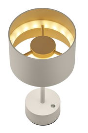 Moderne Akku-Tischleuchte in Weiß und Gold, von oben betrachtet, mit rundem Lampenschirm und integriertem Schalter auf der Basis.