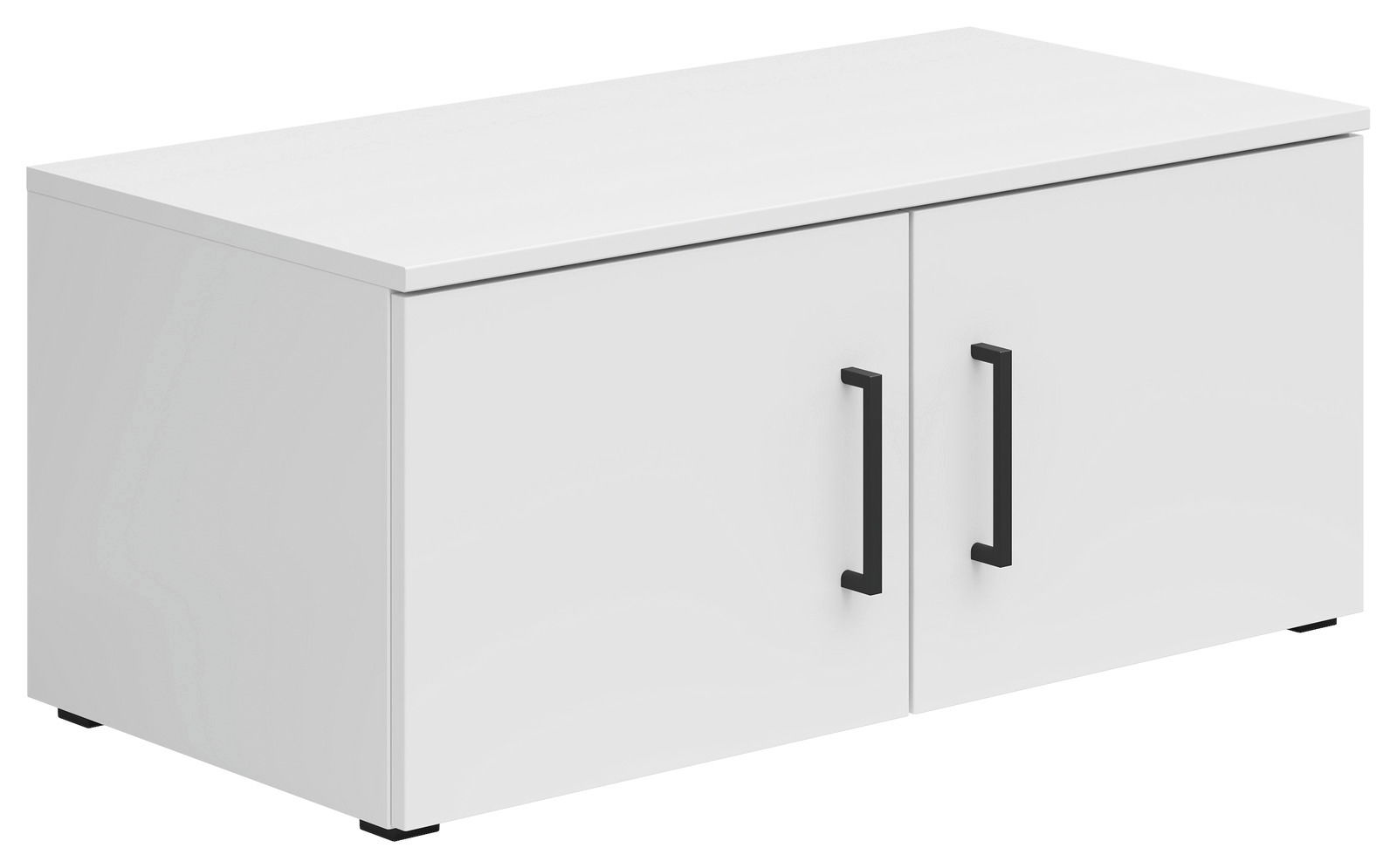 Weißer Aufsatzschrank mit zwei Türen und schwarzen Griffen, seitliche Perspektive