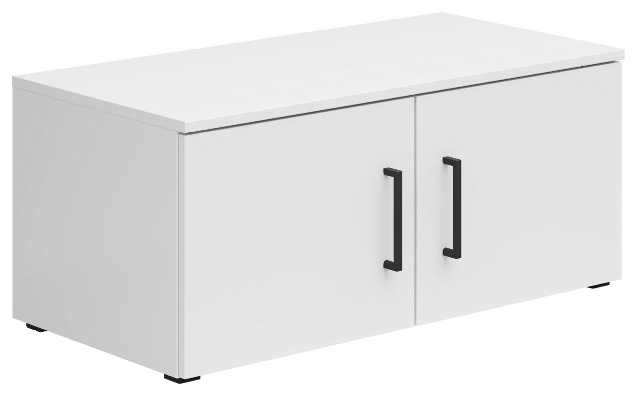 Carryhome Aufsatzschrank MULTISTAURAUM Weißer Aufsatzschrank mit zwei Türen und schwarzen Griffen, seitliche Perspektive