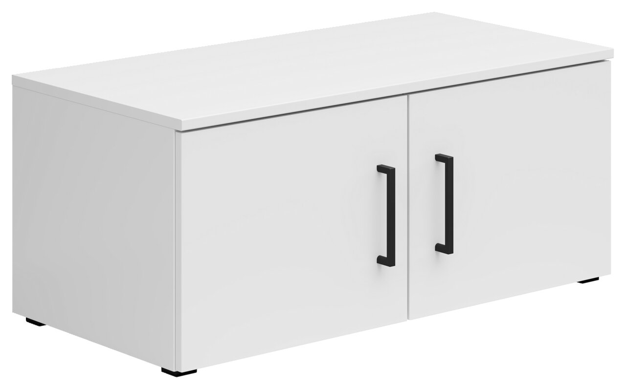 Carryhome Aufsatzschrank MULTISTAURAUM Weißer Aufsatzschrank mit zwei Türen und schwarzen Griffen, seitliche Perspektive