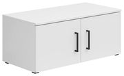 Weißer Aufsatzschrank mit zwei Türen und schwarzen Griffen, seitliche Perspektive