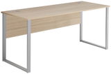 Moderner Schreibtisch aus Holz mit Metallbeinen, seitliche Perspektive