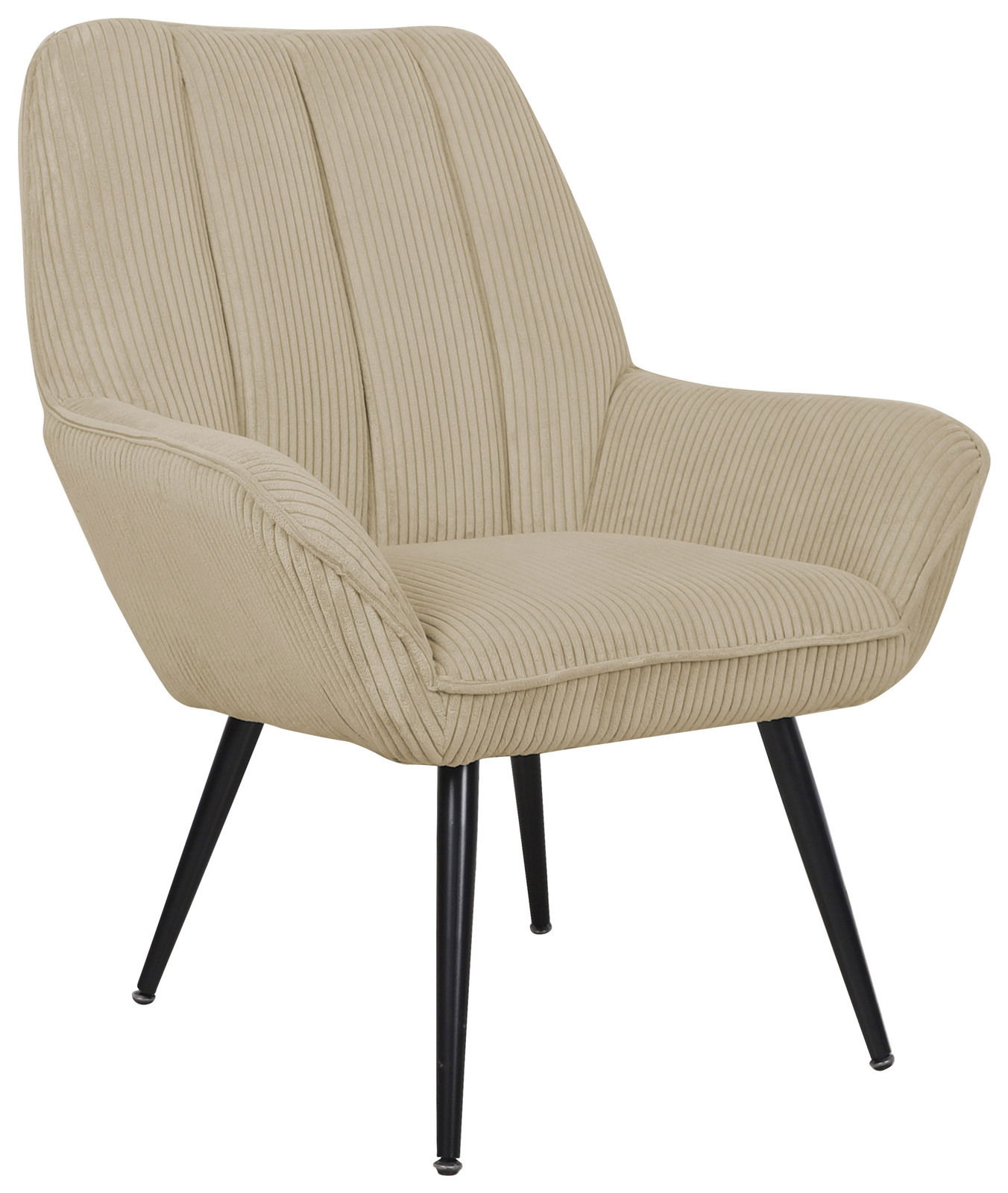 Beiger Sessel mit geripptem Stoffbezug und schwarzen Metallbeinen, seitliche Perspektive