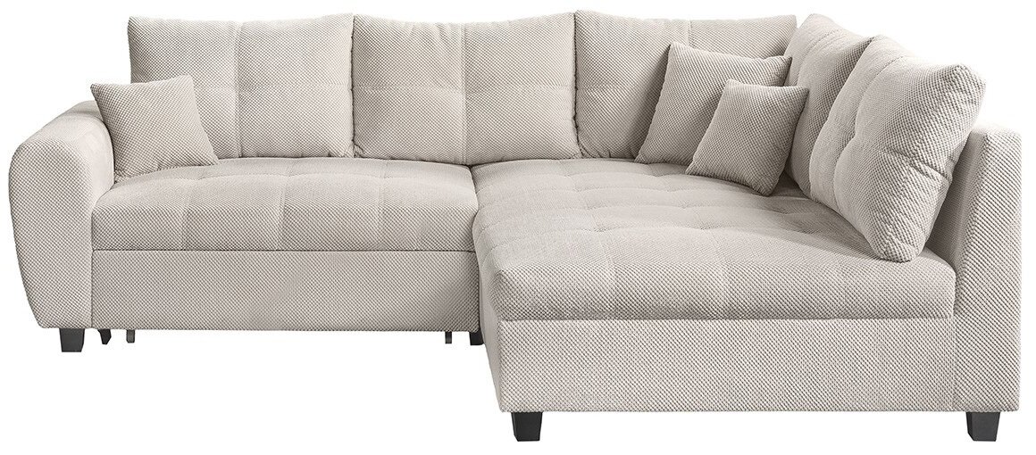Beige hoekbank met kussens, aanzicht van rechts vooraan