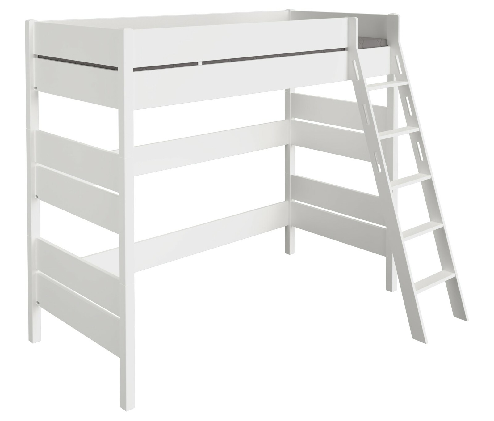 Weißes Hochbett mit Leiter, seitliche Perspektive