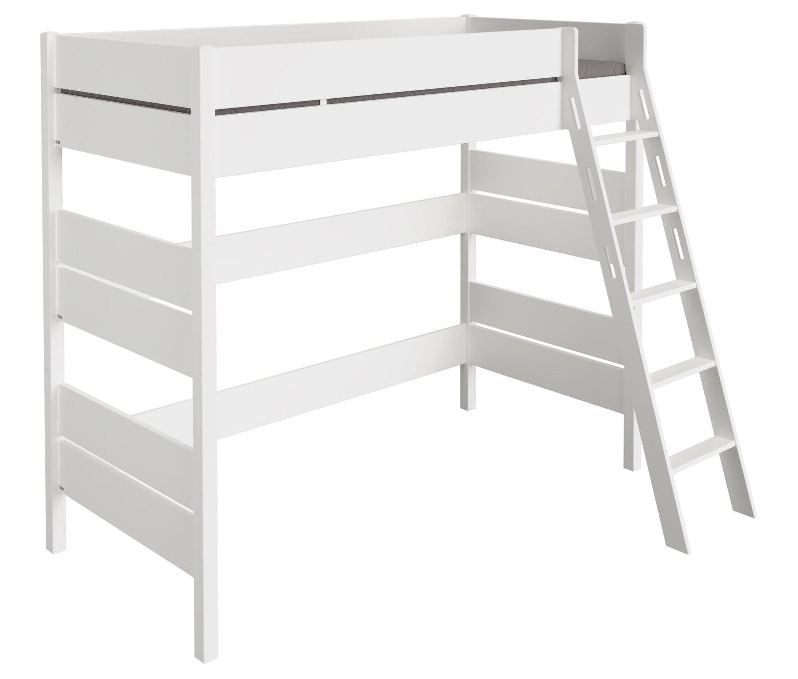 Weißes Hochbett mit Leiter, seitliche Perspektive