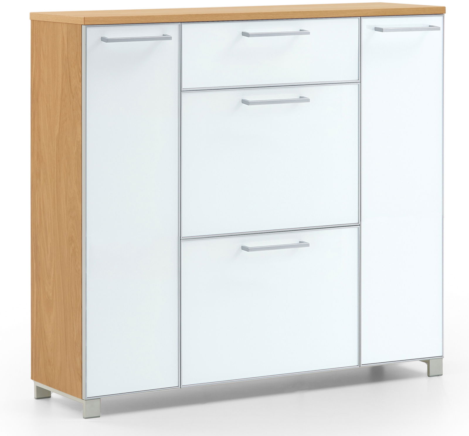 VOSS Schuhschrank SANTINA Moderner Schuhschrank aus der Serie SANTINA mit weißer Front und Holzseiten, frontal leicht von der Seite betrachtet.