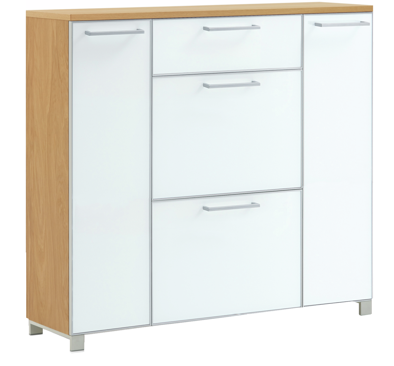 VOSS Schuhschrank SANTINA Moderner Schuhschrank aus der Serie SANTINA mit weißer Front und Holzseiten, frontal leicht von der Seite betrachtet.