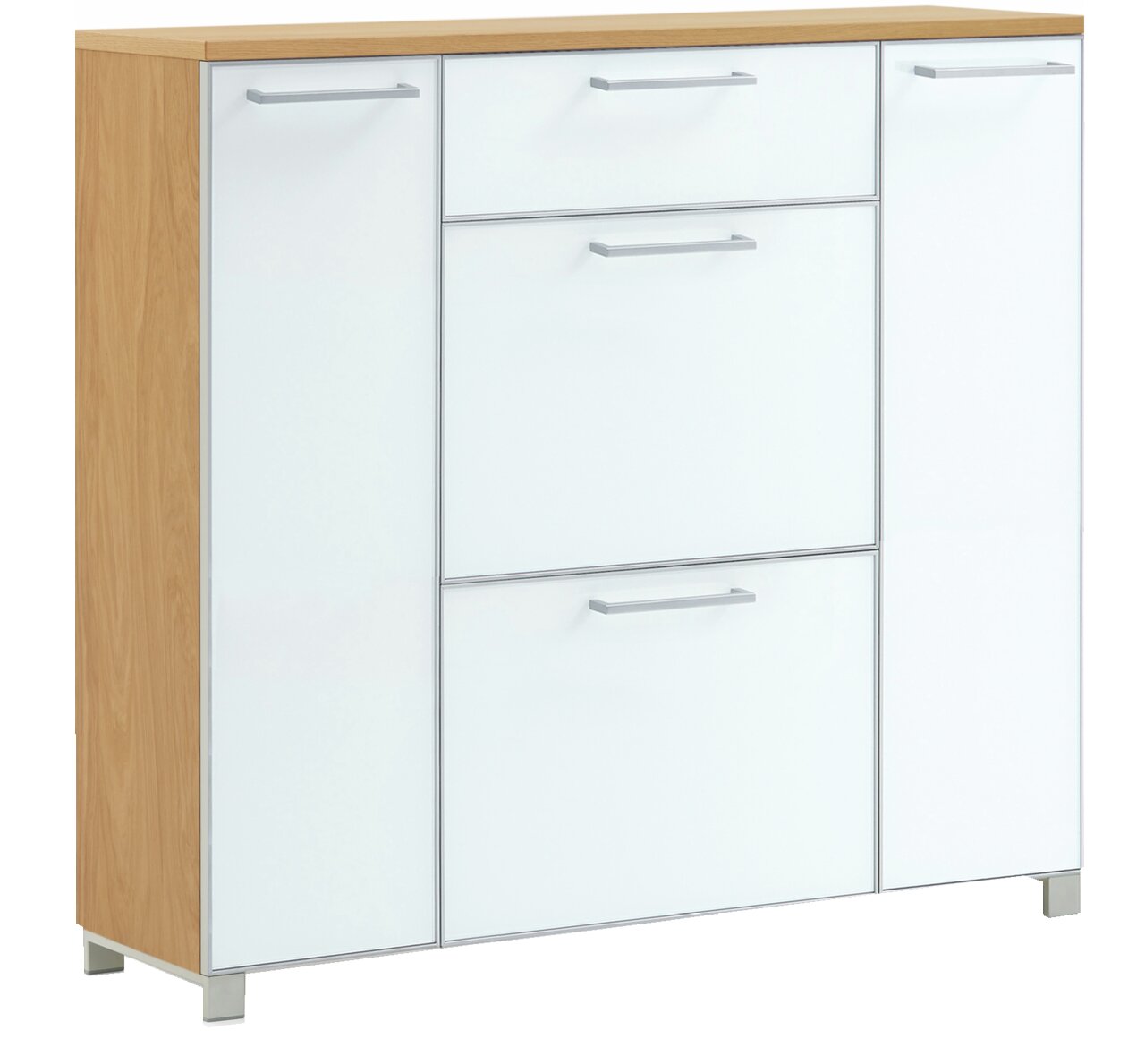 VOSS Schuhschrank SANTINA Moderner Schuhschrank aus der Serie SANTINA mit weißer Front und Holzseiten, frontal leicht von der Seite betrachtet.