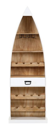 Frontale Ansicht eines Bar-Regals in Bootsform mit mehreren Ablagen und einer Schublade, aus Holz gefertigt.
