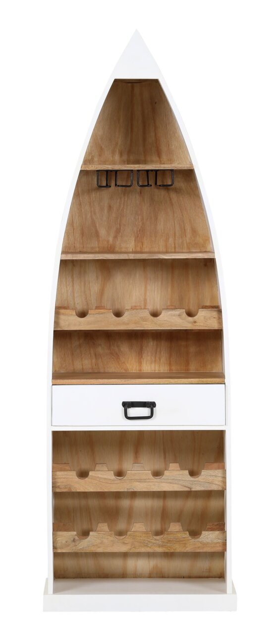 Frontale Ansicht eines Bar-Regals in Bootsform mit mehreren Ablagen und einer Schublade, aus Holz gefertigt.