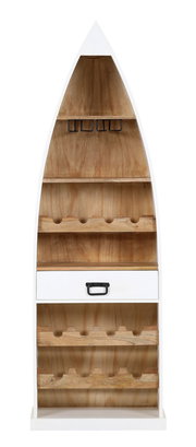 Frontale Ansicht eines Bar-Regals in Bootsform mit mehreren Ablagen und einer Schublade, aus Holz gefertigt.