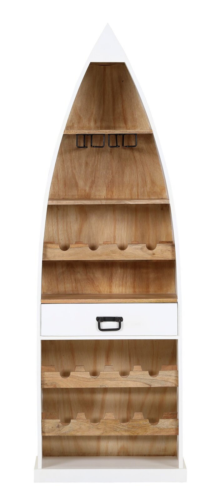 Frontale Ansicht eines Bar-Regals in Bootsform mit mehreren Ablagen und einer Schublade, aus Holz gefertigt.