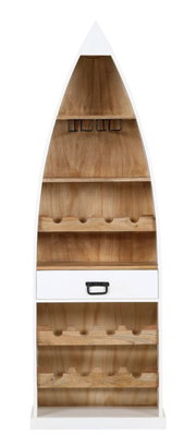 Frontale Ansicht eines Bar-Regals in Bootsform mit mehreren Ablagen und einer Schublade, aus Holz gefertigt.