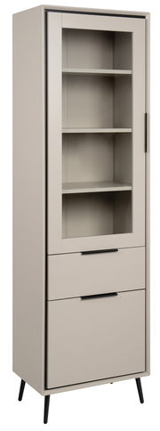 Moderne Vitrine mit Glasfront und zwei Schubladen, seitliche Perspektive