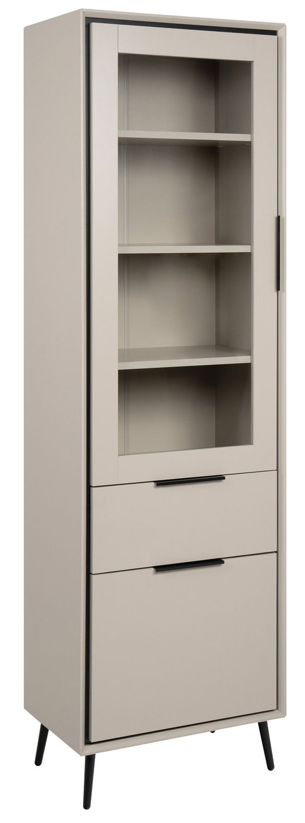 Moderne Vitrine mit Glasfront und zwei Schubladen, seitliche Perspektive