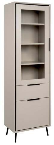 Moderne Vitrine mit Glasfront und zwei Schubladen, seitliche Perspektive