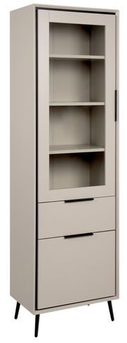 Moderne Vitrine mit Glasfront und zwei Schubladen, seitliche Perspektive