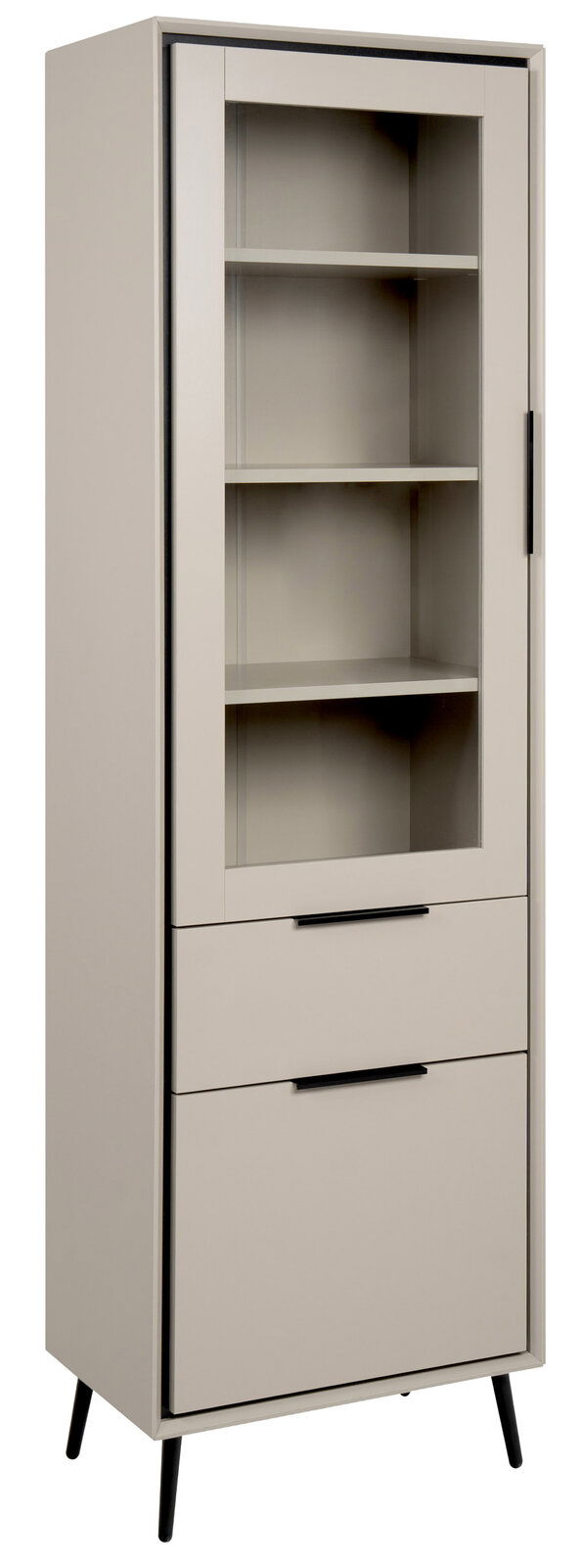 Moderne Vitrine mit Glasfront und zwei Schubladen, seitliche Perspektive