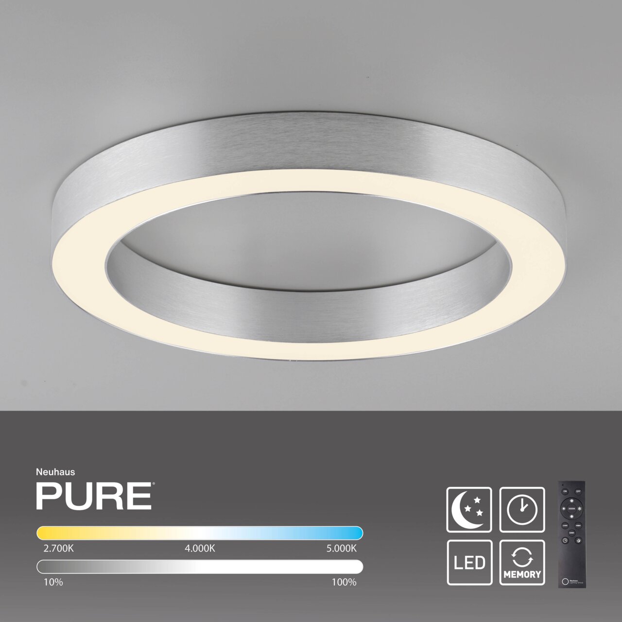 Moderne LED-Deckenleuchte in Silber, seitliche Perspektive, mit einstellbarer Farbtemperatur und Fernbedienung.