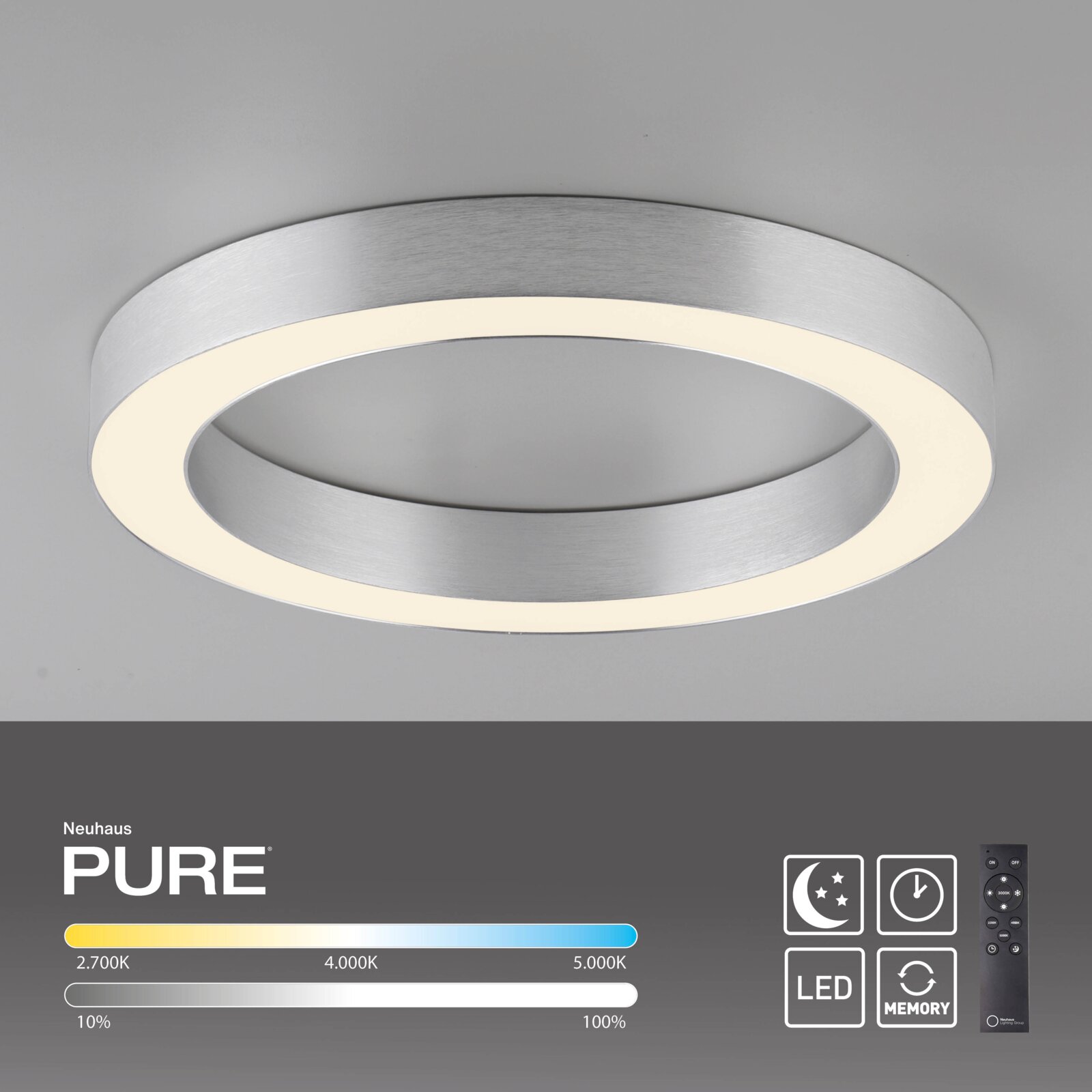 Moderne LED-Deckenleuchte in Silber, seitliche Perspektive, mit einstellbarer Farbtemperatur und Fernbedienung.